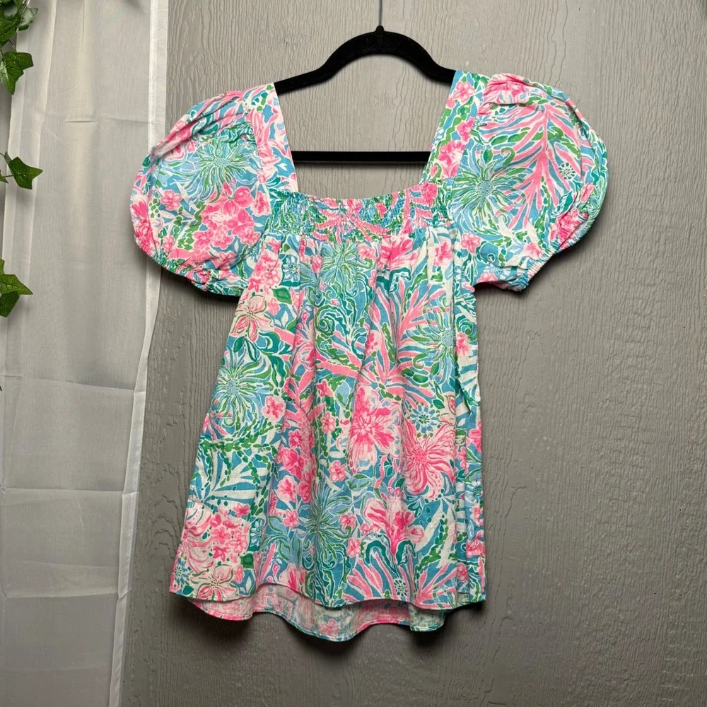 Lilly Pulitzer Amalfi Blue Leaf It Wild Smocked Linen Puff Sleeve Top Size 0